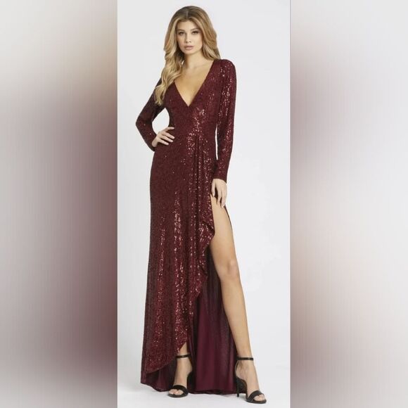 Mac Duggal Dresses & Skirts - Mac Duggal 26395 Faux Wrap Long Sleeve Sequin Gown New Size 6 Wine Red